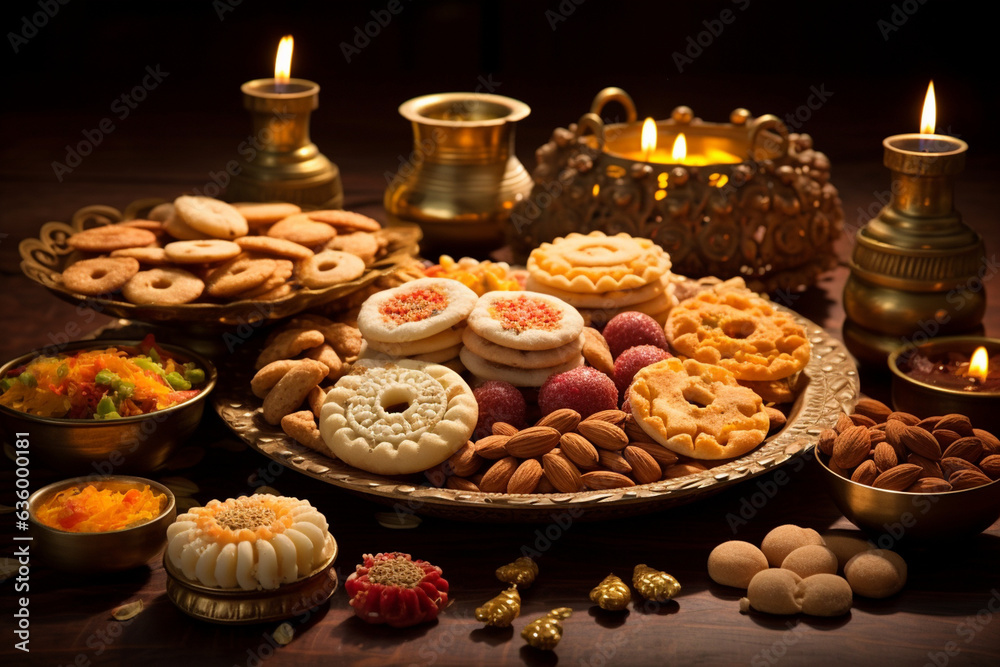 Diwali Sweets and Snacks Spread, Diwali, symbols Generative AI