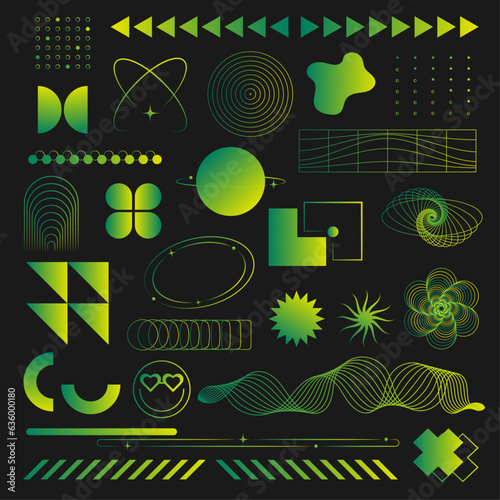 Abstract green futuristic y2k shapes. y2k elements for design. A set of gradient elements for decoration.  Vector shapes for covers, cards, banners, flyers.