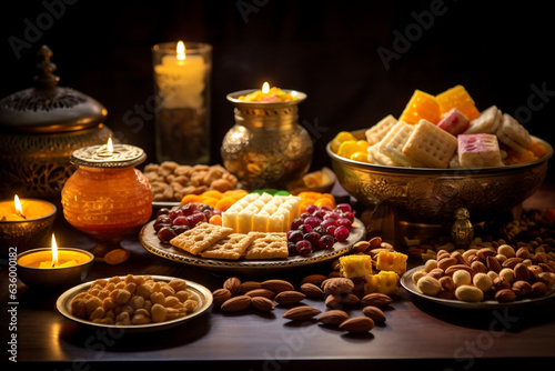 Diwali Sweets and Snacks Spread, Diwali, symbols Generative AI