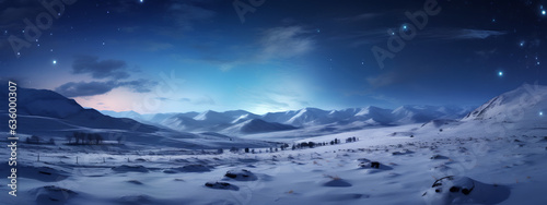 Beautiful Natural Landscape of a Snowfield mountains at night in winter. Generative AI.