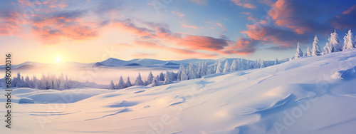 Beautiful Natural Landscape of a Snowfield forest sunset with clouds in winter. Generative AI. © Mauricio