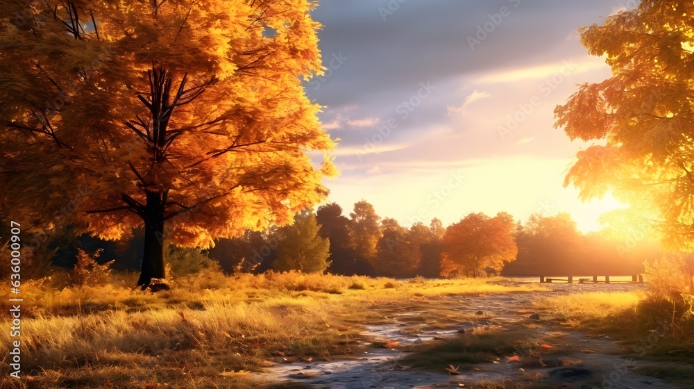 Sunset in the autumn park. Beautiful autumn landscape with trees and grass