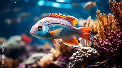 Colorful tropical fish swimming in a reef aquarium. Underwater world.