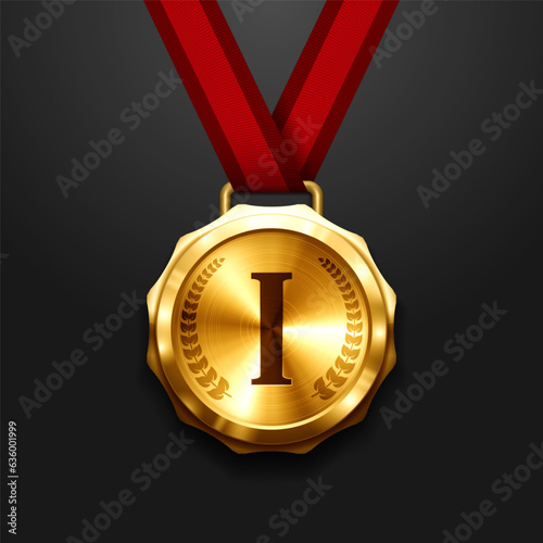 Gold medal with red ribbon. Metallic winner award. Vector illustration.