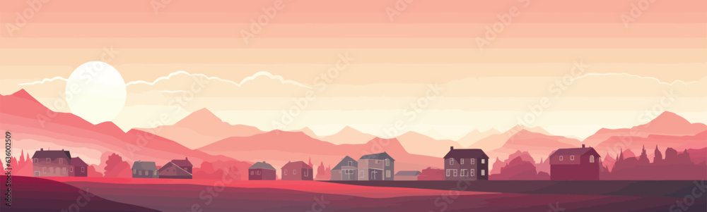 sunset village vector flat minimalistic isolated illustration