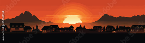 sunset village vector flat minimalistic isolated illustration