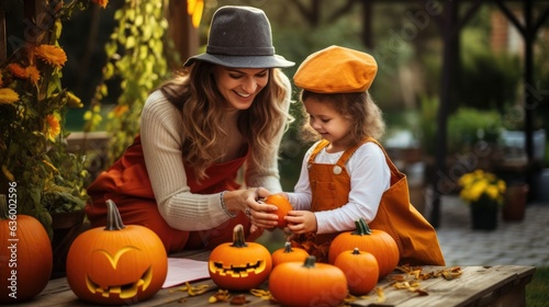 Happy parent and children carve a pumpkin together for the Halloween holiday, prepare for a holiday party in the home garden.