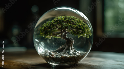 tree growth on globe glass in nature.