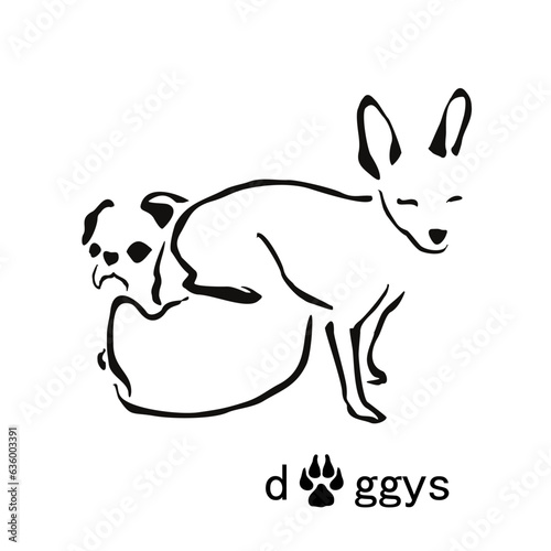 Stylization of two dogs. Chihuahua sits on a pug. Gestalt image of pets.