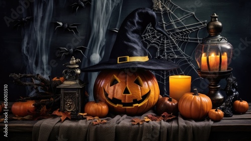 Halloween Still: Scary Decorated Dark Room with Table Covered in Spider Webs, Burning Pumpkin, Candlestick, Witch's Hat. © Alina Tymofieieva