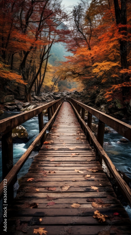 Obraz premium Wooden bridge over the river on the background of the forest.