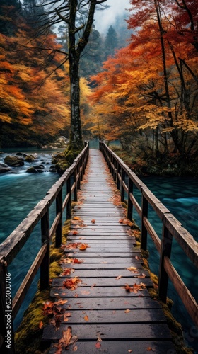 Wooden bridge over the river on the background of the forest.