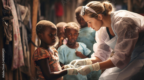 Global Health Initiatives: Healthcare workers vaccinating children in a remote area, symbolizing efforts to improve health worldwide 