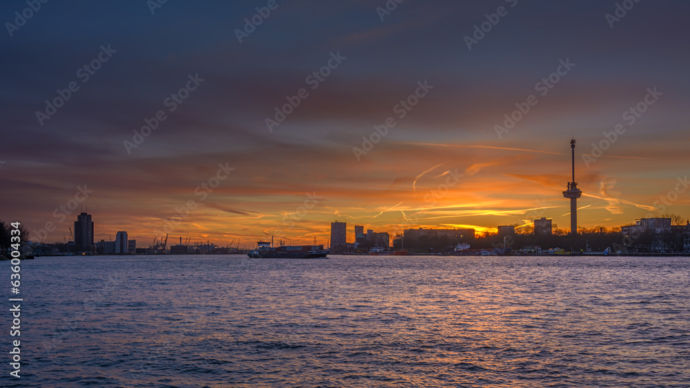 Sunset over Maas river in Rotterdam 
