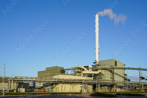 External view of large modern biomass cogeneration wood chip power plant with tall steam chimney photo
