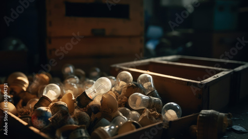 Used and disposed of light incandescent bulb and energy saving lamps (LED) expired from use in wooden crate trash.