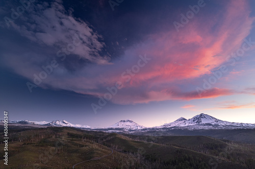 Slika na platnu aerial drone panorama of mountain range at sunset