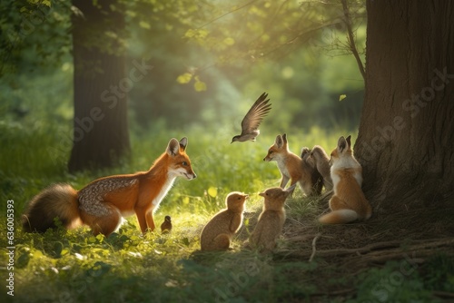Cute animals gathered under the tree. Rabbits, fox and birds play and sing. ??????, generative IA photo