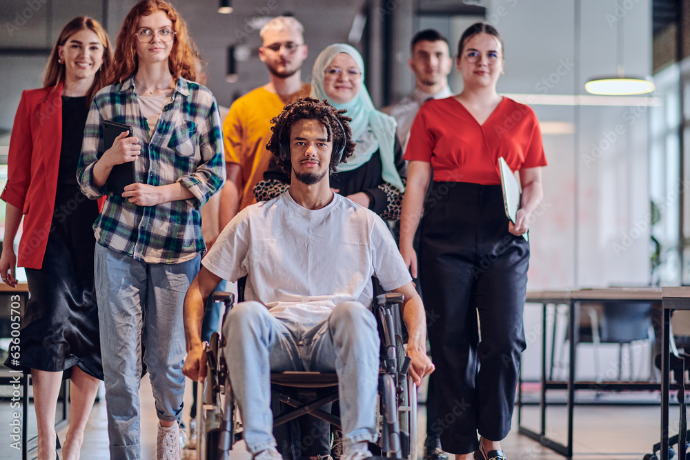 A diverse group of young business people congregates within a modern startup's glass-enclosed office, featuring inclusivity with a person in a wheelchair, an African American young man , and a hijab