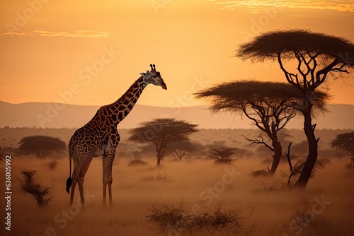 Haughty giraffe in the savannah, surrounded by acacia trees, in shades of gray., generative IA