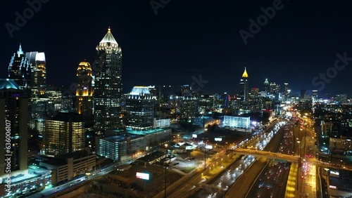 Wallpaper Mural Aerial Shot Of Vehicles On Freeway Near Buildings At Night, Drone Flying Forward Over City Against Sky - Atlanta, Georgia Torontodigital.ca