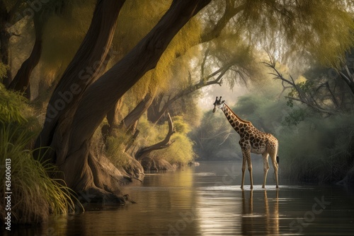 Elegant giraffe feeding on the savannah while elephants bathe., generative IA