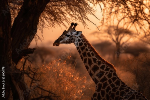 Majestic giraffe in African savannah  sunset in the background.  generative IA