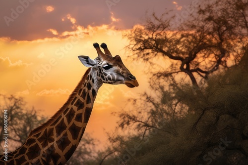 Majestic giraffe in African savannah  sunset in the background.  generative IA