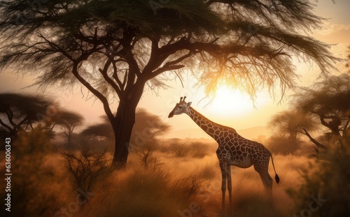 Giraffe stretch between trees at sunset in the savannah.  generative IA