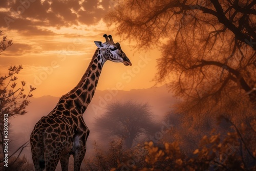 Majestic giraffe stretch between golden trees at sunset.  generative IA