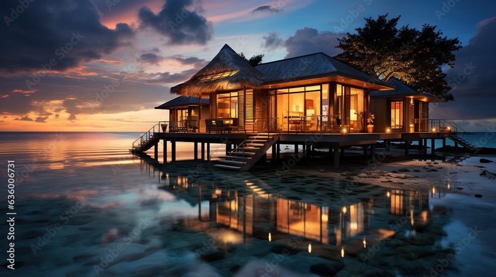 Fototapeta premium a house on the water with a sunset in the background. generative ai