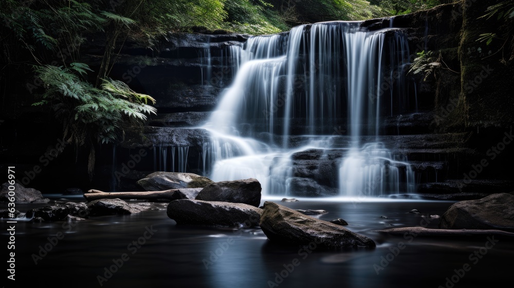 An elegant image of a serene waterfall against a deep black background.