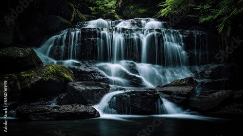 An elegant image of a serene waterfall against a deep black background. © kept