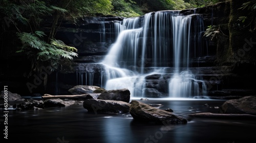 An elegant image of a serene waterfall against a deep black background.