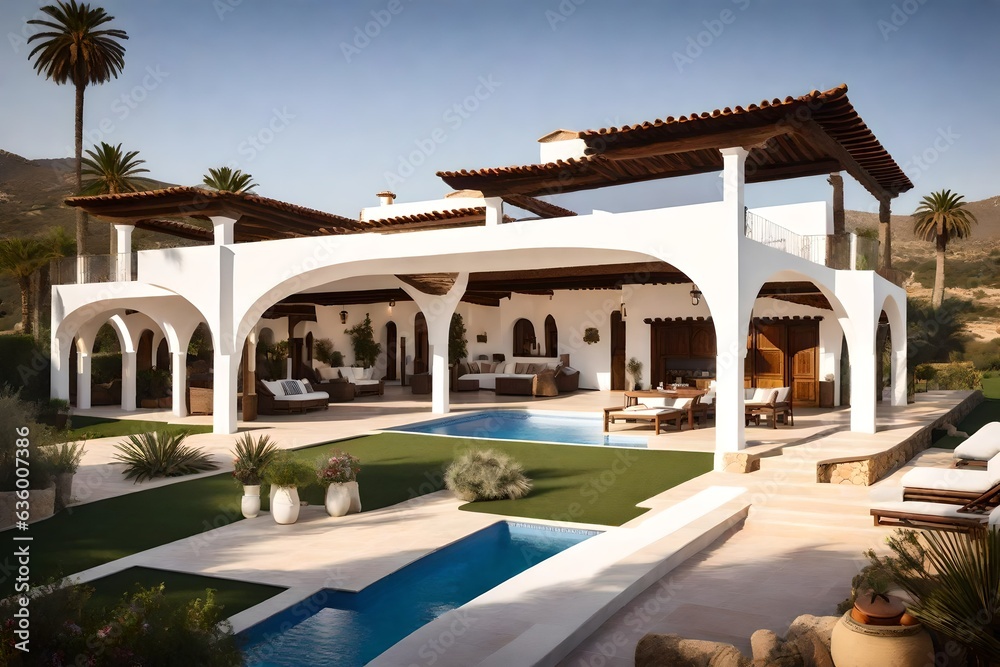 Andalucian house two stories, white and glass façades - AI Generative