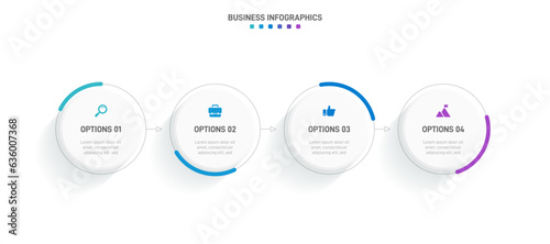 Timeline infographic with infochart. Modern presentation template with 4 spets for business process. Website template on white background for concept modern design. Horizontal layout.