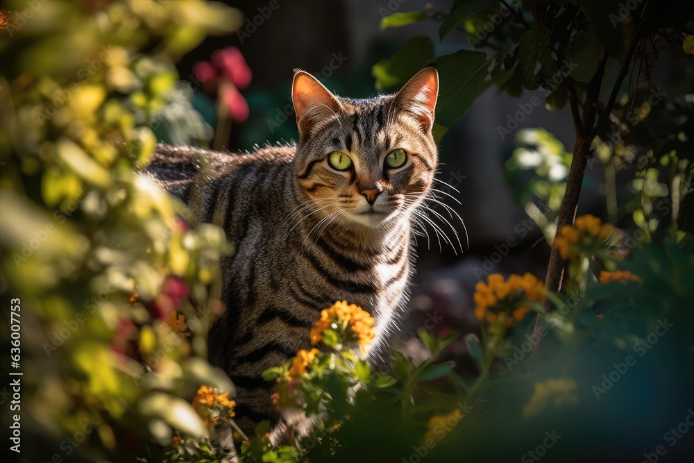 Curious striped cat explores sunny garden surrounded by flowers., generative IA