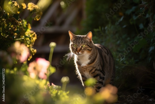 Curious striped cat explores sunny garden surrounded by flowers., generative IA