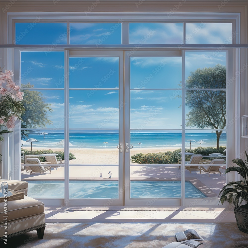 Fototapeta premium a painting of a living room with a view of the beach. generative ai