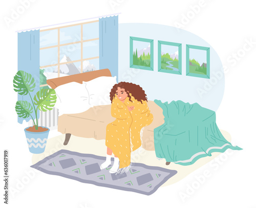 Woman suffering from low temperature at home scene