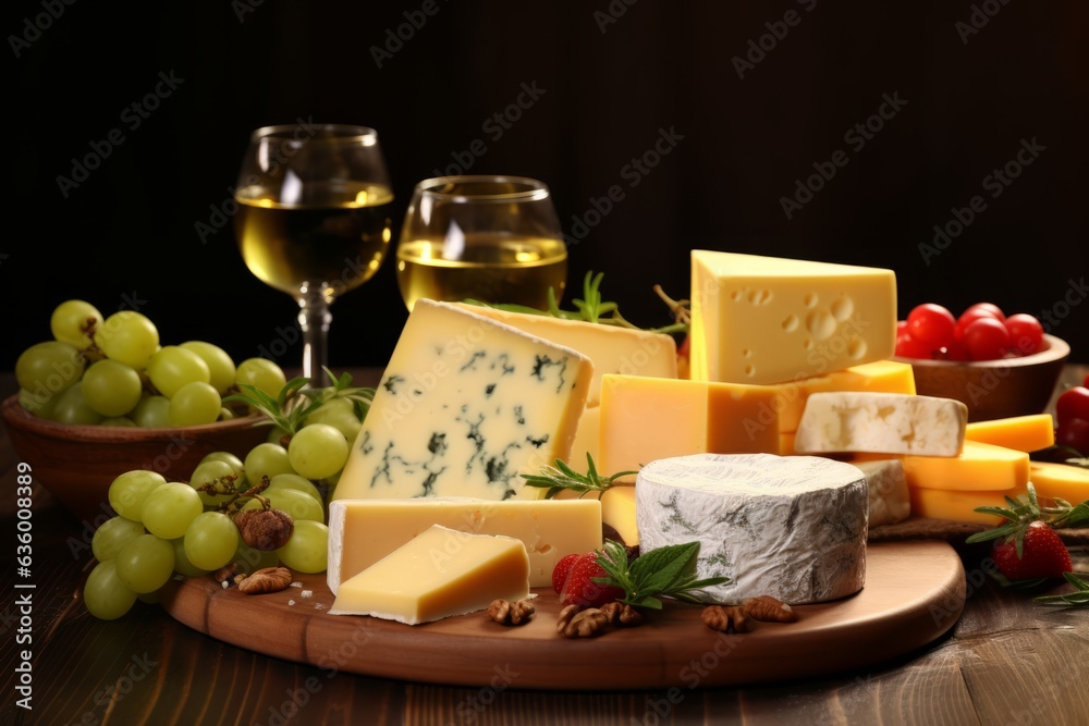 Delicious pieces of cheese on the wooden plate. Close-up Delicious pieces of cheese on the wooden plate. Close-up