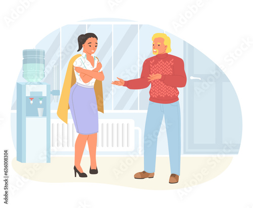 Colleagues talking at unheated office hall scene