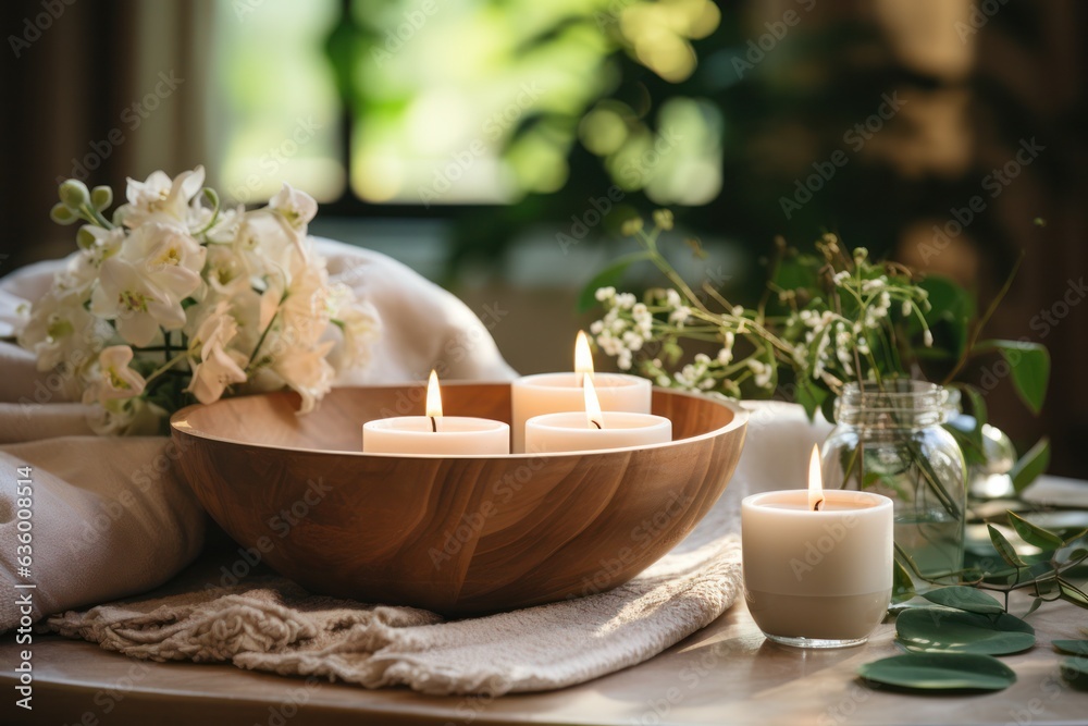 Calming spa scene with candles in natural colors.self care concept. 