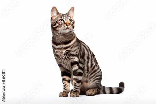 Cat isolated on a white background sitting. Animal front view portrait.
