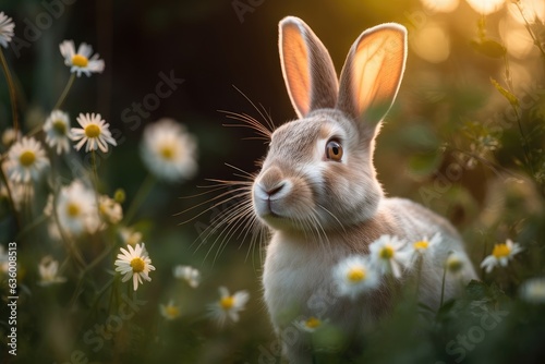 Curious rabbit explores garden among flowers and butterflies., generative IA