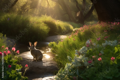 Rabbit hopping in flowery field under sunbeams., generative IA