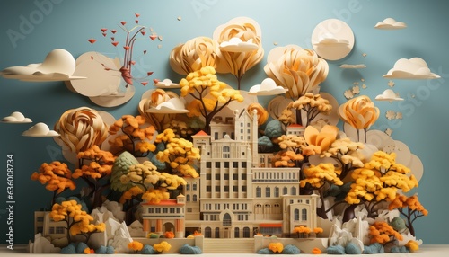 autumnal model house surrounded by golden trees