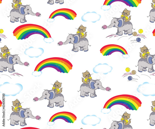 Monkeys rides elephants under the rainbow and clouds pattern