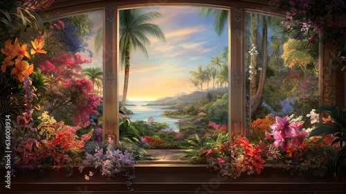  a painting of a tropical scene with flowers and palm trees.  generative ai
