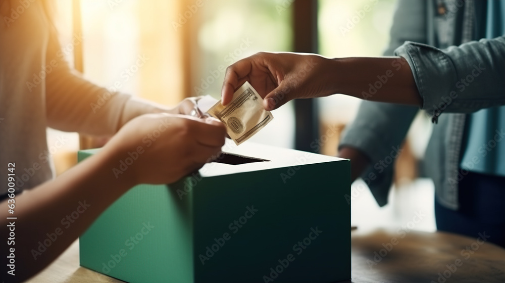 Obraz premium A man puts his money into a donation box. Charity concept. 